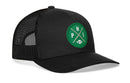Introducing the Haka Hat Philadelphia Football Trucker Hat | Kelly Green PHI X Snapback—a black trucker hat from Haka Hat with a mesh back and a green circular patch on the front, showcasing the letters P H I and a small football graphic. Ideal for any fan seeking a classic Philadelphia football snapback style.