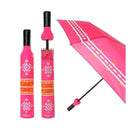 The Vinrella Pink and Red Boho Bottle Umbrella features white patterns on pink and red. Shown open and closed, it includes a matching case, bottle-shaped handle, and a closed design that resembles a wine bottle.