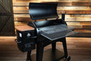 Black Pit Boss Austin XL pellet grill with the lid open, showcasing a Pimp My Grill® Gen2 Slide-Out Rack System - 2 Racks installed inside the cooking chamber.