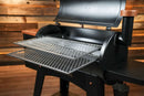 Black Pit Boss Austin XL pellet grill equipped with two Pimp My Grill® Gen2 Slide-Out Rack Systems extended outward from the open lid.