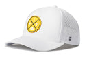 Introducing the Haka Hat Pittsburgh Football Performance 5-Panel Hat | Yellow PIT X Flexfit Snapback. This white baseball cap showcases a yellow circle logo with “PIT” and sports equipment symbols on the front, inspired by timeless Pittsburgh football hat designs. Perforated holes on the sides enhance ventilation, while a small Haka Hat logo adds detail to the side. Crafted as a water-repellent, versatile Flexfit snapback, this hat delivers comfort and style in any weather.
