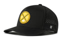 The Haka Hat Pittsburgh Football Performance 5-Panel Hat features a black design with a yellow circular PIT logo showcasing a football and the letters “PIT” in black and white. This Haka Hat includes small ventilation holes on the sides, a subtle H logo near the brim, and an adjustable Flexfit snapback closure for customizable comfort.