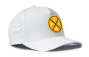 The Haka Hat Pittsburgh Football Performance 5-Panel Hat is a white Flexfit snapback featuring small ventilation holes on the side and a yellow circular PIT X logo with black intersecting lines, the letters I, T, P, and a small football symbol on the front.
