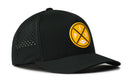 Introducing the Haka Hat Pittsburgh Football Performance 5-Panel Hat | Yellow PIT X Flexfit Snapback—a black Flexfit snapback featuring ventilation holes and a round yellow “PIT” logo with a football icon on the front. This stylish hat from Haka Hat is perfect for Pittsburgh football fans.