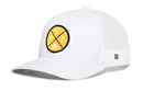 Introducing the Haka Hat Pittsburgh Football Trucker Hat | Yellow PIT X Snapback by Haka Hat. This white baseball cap features a yellow circular patch on the front displaying “PIT” alongside a small football. Designed with classic trucker hat styling, it offers a breathable mesh back and a curved brim for comfort.