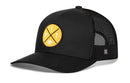 Introducing the Haka Hat Pittsburgh Football Trucker Hat | Yellow PIT X Snapback by Haka Hat, featuring a stylish yellow and black design with a structured front and breathable black mesh back. The hat is highlighted by a bold yellow circular patch showcasing two crossed bats, the letters “PIT,” and a small football—paying tribute to Pittsburgh. With its curved brim and classic trucker style, this PIT X snapback is the perfect choice for any dedicated Pittsburgh Football fan.