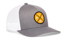 Introducing the Haka Hat Pittsburgh Football Trucker Hat | Yellow PIT X Snapback by Haka Hat—a gray and white trucker hat featuring a yellow circular patch on the front with the letters “PIT” and a small football graphic.