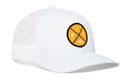 The Haka Hat Pittsburgh Football Trucker Hat | Yellow PIT X Snapback by Haka Hat features a white mesh design, a curved brim, and a yellow circular patch on the front with “PIT” lettering and a small football graphic.