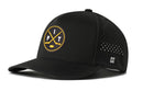 The Haka Hat Pittsburgh Hockey Performance 5-Panel Hat | PIT X Flexfit Snapback features a black design with a round logo of crossed yellow hockey sticks, a puck, and the letters PIT—capturing classic Pittsburgh hockey style. This Haka Hat includes small ventilation holes at the back, a comfortable Flexfit sweatband, and is finished with a subtle H logo on the side.