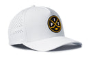 Introducing the Haka Hat Pittsburgh Hockey Performance 5-Panel Hat | PIT X Flexfit Snapback by Haka Hat—a white hockey hat featuring a black and yellow circular logo with two crossed hockey sticks and the letters “PIT” on the front. This water-repellent hat is engineered for comfort and durability, complete with a Flexfit sweatband for a secure, comfortable fit.