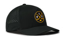Introducing the Haka Hat Pittsburgh Hockey Performance 5-Panel Hat | PIT X Flexfit Snapback—a stylish black hat from Haka Hat. It features a round yellow and black hockey-themed logo with crossed sticks and the letters “PIT” on the front. Designed for comfort, this hat includes a Flexfit sweatband and is crafted from water-repellent materials, making it perfect for any weather.