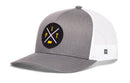 The Haka Hat Pittsburgh Trucker Hat | Black PIT X Snapback features a stylish gray and white design with a round black patch displaying crossed yellow lines, the letters PIT, and a small yellow accent at the center—perfect for showing off your Steel City pride.