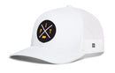 The Haka Hat Pittsburgh Trucker Hat | Black PIT X Snapback features a white mesh design with a black circular patch on the front, showcasing crossed white lines, bold yellow “PIT” lettering, and a small yellow Pennsylvania silhouette—a classic trucker hat from Haka Hat that embodies authentic Steel City style.
