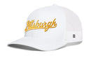 Haka Hat Pittsburgh Gold Script Trucker Hat: white trucker hat featuring Pittsburgh embroidered in gold script on the front.