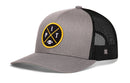Introducing the Haka Hat Pittsburgh Trucker Hat | Black PIT X Football Snapback by Haka Hat, featuring a gray and black colorway with a round yellow and black patch on the front that displays the letters “PIT” alongside a football icon. The stylish snapback includes a breathable black mesh back for added comfort, making it the perfect blend of style and function for football fans.
