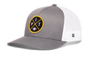 Introducing the Haka Hat Pittsburgh Trucker Hat | Black PIT X Football Snapback by Haka Hat, featuring a gray and white mesh design with a round black and yellow PIT patch showcasing a football and crossed lines on the front. This trucker hat offers a curved bill for style and comfort, along with a breathable mesh back to keep you cool.