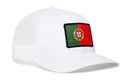 White Haka Hat Portugal Flag International Trucker Hat with a rectangular Portugal flag patch on the front.