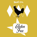 A silhouette of a chicken stands in front of geometric shapes on a bright yellow background, with "Best On:" displayed above and "Gluten Free" featured inside a star shape below. Perfect for highlighting Hickman's BBQ Marinade Package by Hickman's BBQ—an ideal choice for barbecue injectors enthusiasts looking to showcase new injectable marinades.