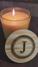 Monogrammed soy wax candle in 14 oz size with multiple scent options at DDR BBQ Supply