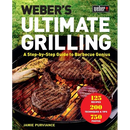 Hardcover copy of Weber’s Ultimate Grilling: A Step-By-Step Guide to Barbecue Genius, featuring a photograph of steaks, corn, and asparagus on a charcoal grill.