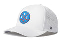 Introducing the Haka Hat Quebec Hockey Performance 5-Panel Hat | QBC X Flexfit Snapback: a white cap featuring a blue and red circular patch with two crossed hockey sticks and the letters Q, B, C. Designed as the ultimate Quebec Hockey Hat by Haka Hat, this cap offers small side ventilation holes for breathability, a comfortable Flexfit sweatband, and a subtle H logo.