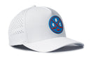 Introducing the Haka Hat Quebec Hockey Performance 5-Panel Hat | QBC X Flexfit Snapback. This stylish and functional hat from Haka Hat features a round blue patch on the front, embroidered with crossed red hockey sticks and the letters B, Q, C. Designed for comfort and performance, it is water repellent, has small ventilation holes on the side for breathability, and includes a premium Flexfit sweatband for a perfect fit.