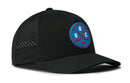 The Haka Hat Quebec Hockey Performance 5-Panel Hat (QBC X Flexfit Snapback) features a black design with a blue and red circular logo on the front, displaying two crossed hockey sticks, a puck, and the letters “QBC.” This hat includes a comfortable Flexfit sweatband and side panel ventilation holes for enhanced breathability.