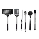 Full 6-piece BBQ tool set with spatulas, tongs, basting brush, and more. Made from durable stainless steel. Non-slip grips. Dishwasher safe.