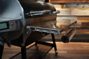 Pimp My Grill® Tactical Stainless Folding Front Shelf for RecTeq RT-700 / RT-680 pellet grills, featuring a stainless steel folding design with an integrated paper towel holder for extra prep space.