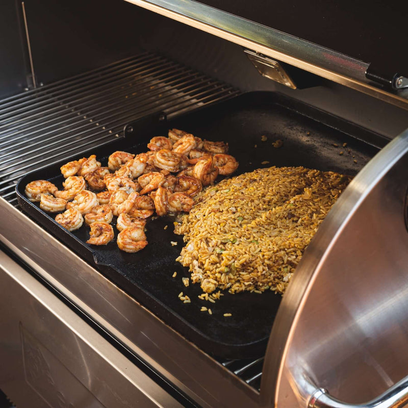 recteq large carbon steel flat top griddle with raised walls and grease pour spout