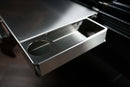 Pimp My Grill® Tactical Stainless Folding Front Shelf for Recteq RT-700 / RT-680, featuring a recessed storage tray with a circular cutout.