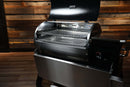 Stainless steel Recteq RT-800 / Deck Boss 800 with a Pimp My Grill® Gen2 Slide-Out Rack System - 2 Racks installed, shown with the lid open.