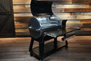 A Recteq RT-800 / Deck Boss 800 pellet grill with its lid open, showcasing a Pimp My Grill® Gen2 Slide-Out Rack System with two racks.