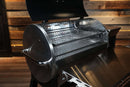 Open stainless steel Recteq RT-800 / Deck Boss 800 pellet grill featuring a Pimp My Grill® Gen2 Slide-Out Rack System with two stacked, metal cooking racks.