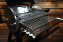 Stainless steel Recteq RT-800 / Deck Boss 800 pellet grill featuring a Pimp My Grill® Gen2 Slide-Out Rack System with two expanded metal racks inside the cooking chamber.