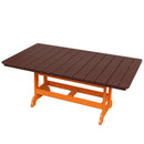 The Kanyon Living Poly Lumber 72-Inch Rectangular Outdoor Dining Table features a dark wood slatted top and orange wooden legs, displayed against a white background.