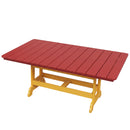 The Kanyon Living Poly Lumber 72-Inch Rectangular Outdoor Dining Table in red and yellow features a red slatted top and yellow wooden legs, displayed against a white background.