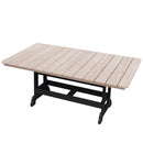 The Kanyon Living Poly Lumber 72-Inch Rectangular Outdoor Dining Table in Seashell and Black features a slatted light wood-effect top with a sturdy black metal base, displayed against a white background.