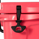 Close-up of the Bob - The Cooler Co. REPLACEMENT RUBBER LATCH, designed to fit 25QT "Wingman" and 50QT "El Amigo" coolers, shown attached to a red cooler with a built-in bottle opener on the front. The image highlights the upper section of the cooler, emphasizing this quality replacement part’s durability and convenience.