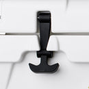A close-up of a black Bob - The Cooler Co. REPLACEMENT RUBBER LATCH securely fastening the lid of a white 75QT "BFF" cooler, keeping it tightly closed.