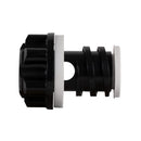 A black plastic replacement hard cooler plug with ridged sides and two white rings, shown in a side view against a white background. Designed by Bob - The Cooler Co., this plug fits 25QT "Wingman," 50QT "El Amigo," and 75QT "BFF" coolers—perfect as a cooler plug or replacement part.