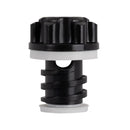 A black and white plastic screw cap with a ridged design and central hole, shown from the side against a white background—this is the Bob The Cooler Co. REPLACEMENT HARD COOLER PLUG, compatible with the 25QT "Wingman," 50qt "El Amigo," and 75qt "BFF" coolers by Bob - The Cooler Co.