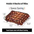 Rib rack for grills and smokers holding 4 racks of ribs upright for even cooking and better flavor