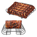 Rib rack for grills and smokers holding 4 racks of ribs upright for even cooking and better flavor