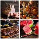 A collage of four images: slicing ham, carving a roasted turkey with the SpitJack Deluxe Brisket Slicing Knife - 11 Inch Blade from the Competition-Chef Series, cutting ribs, and slicing a watermelon—each showcasing skilled use of the SpitJack large kitchen and meat carving knife.