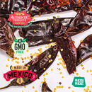 Rico Rico Dried Mexican Chiles 3-Pack—featuring authentic ancho, guajillo, and arbol peppers—are displayed on a white surface with labels reading “100% Authentic Products,” “GMO Free,” “Made in Mexico,” and “Rico! Rico!” Visible peppers and yellow seeds make this set perfect for enhancing your gourmet spice kit.