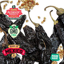 Rico Rico Dried Mexican Chiles 3-Pack – Ancho, Guajillo & Pasilla by Rico Rico is featured with badges that read “100% Authentic Products,” “GMO Free,” “Made in Mexico,” and “Rico! Rico!” as seeds are scattered across a white background.