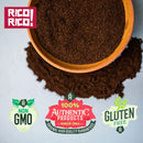 A selection of vibrant chili powders spilled beside a bowl, evoking the bold aroma of authentic Mexican spices from the Rico Rico Chile Powder 6 Pack Bundle (Ancho, Arbol, Chipotle, Guajillo, Habanero, and Pasilla – 24 oz total). Below are labels reading “NON GMO,” “100% Authentic Products,” and “Gluten Free.” The top left features the red Rico Rico logo.