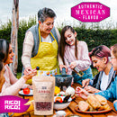 A family gathers around an outdoor table, preparing food and sharing smiles. In the foreground sits a bag of Rico Rico Chile de Árbol Dried Chiles – Hot & Authentic Mexican Peppers. Text reads: Authentic Mexican Flavor from Rico Rico.