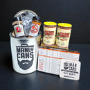 DDR BBQ Supply Manly Cans gift set featuring four seasoning shakers, a meat temperature guide, and a man card.